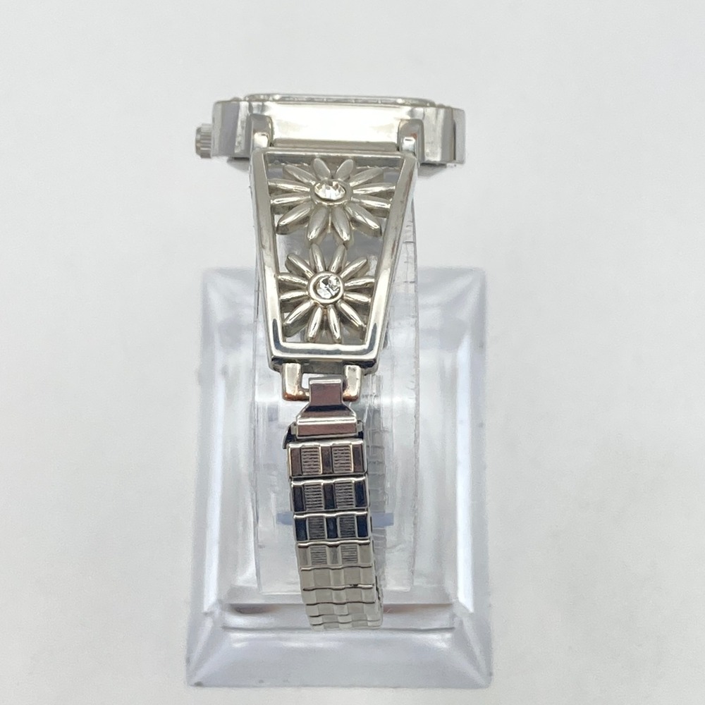 Modern Women's Watch 25mm Silver Tone Floral Stretch Band Crystals New Battery - Picture 7 of 14